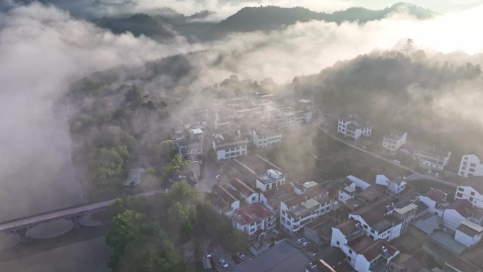 丽水缙云仙都风景区村庄日出航拍