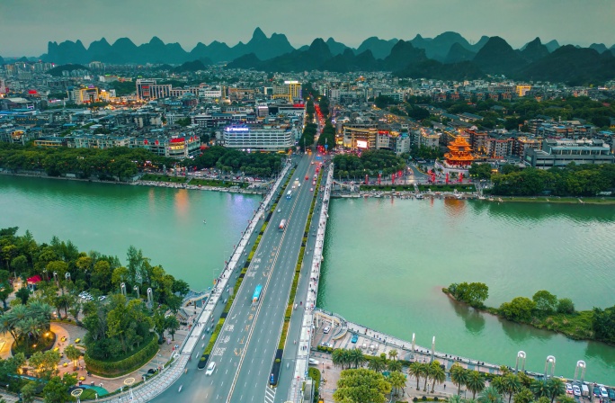 桂林漓江城市山水日落夜景航拍延时风景大气