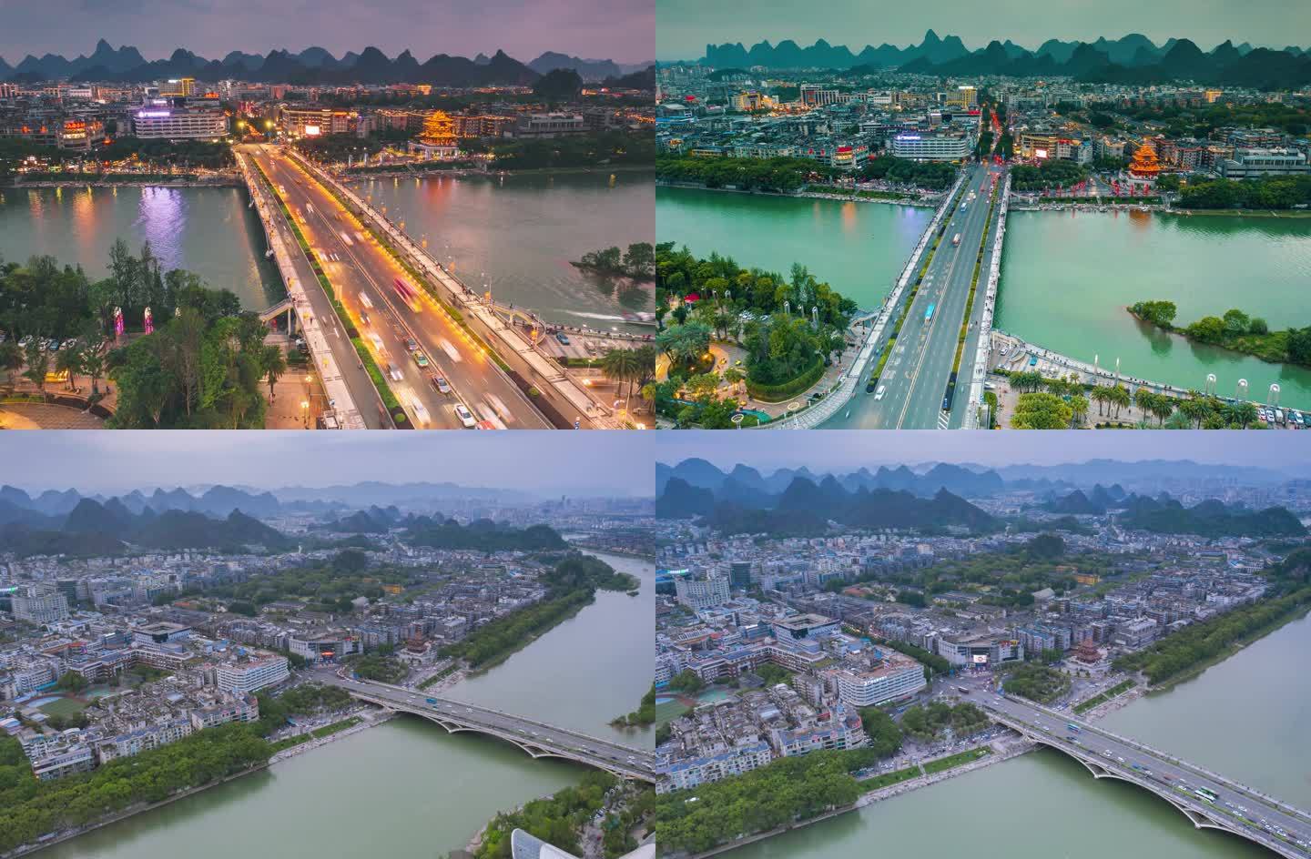 桂林漓江城市山水日落夜景航拍延时风景大气