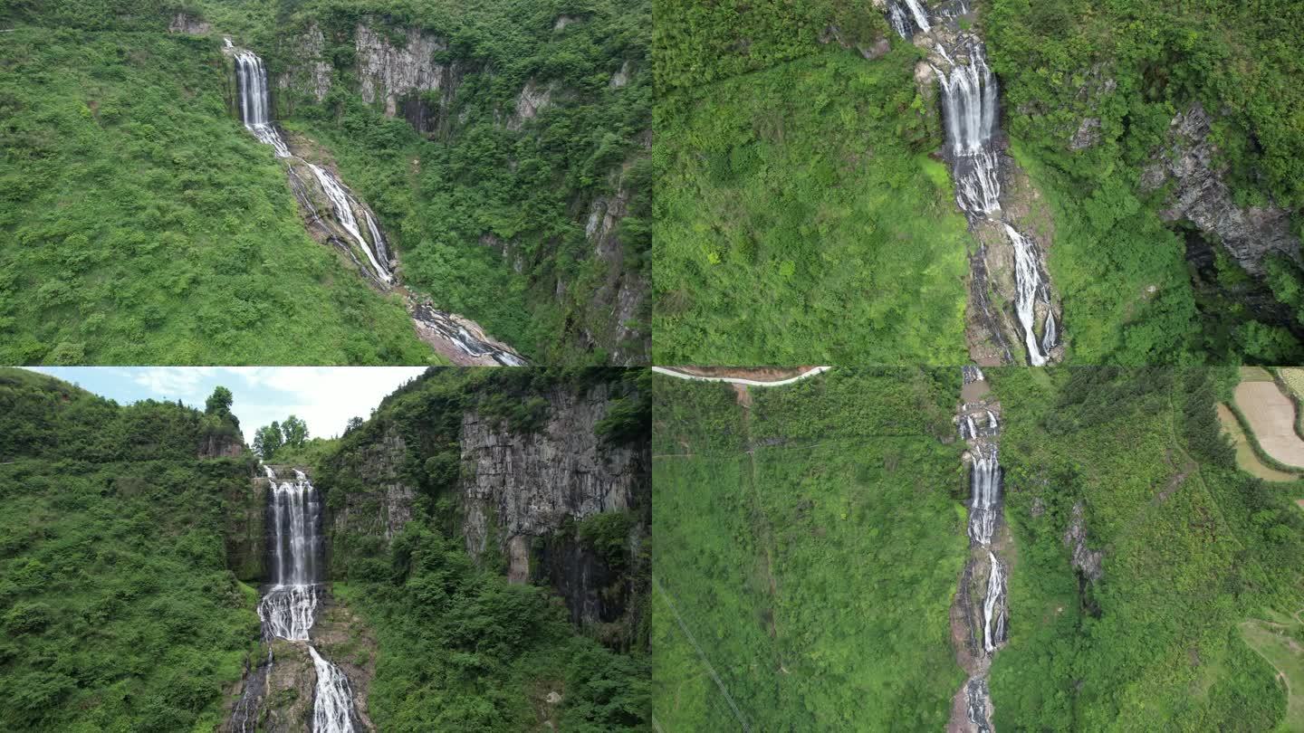 贵州野生瀑布黔东南天柱石洞西域瀑布航拍