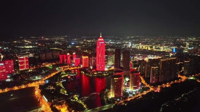 浙江绍兴迪荡湖CBD世茂中心五一夜景航拍