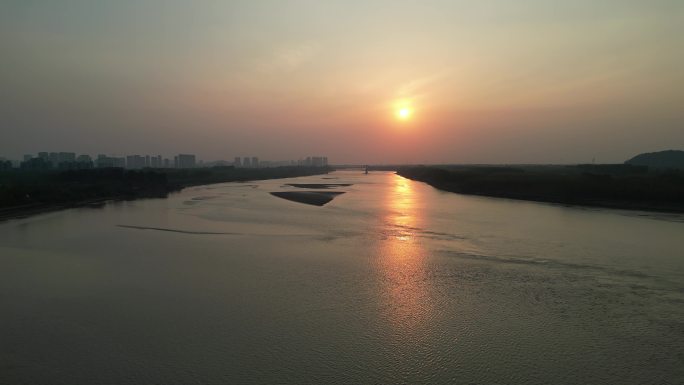 黄河日落沙洲夕阳黄昏济南航拍2