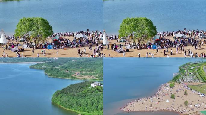 河南信阳北湖蓝色湖水，金色沙滩