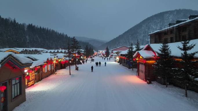 黑龙江雪乡冬季夜景风光航拍