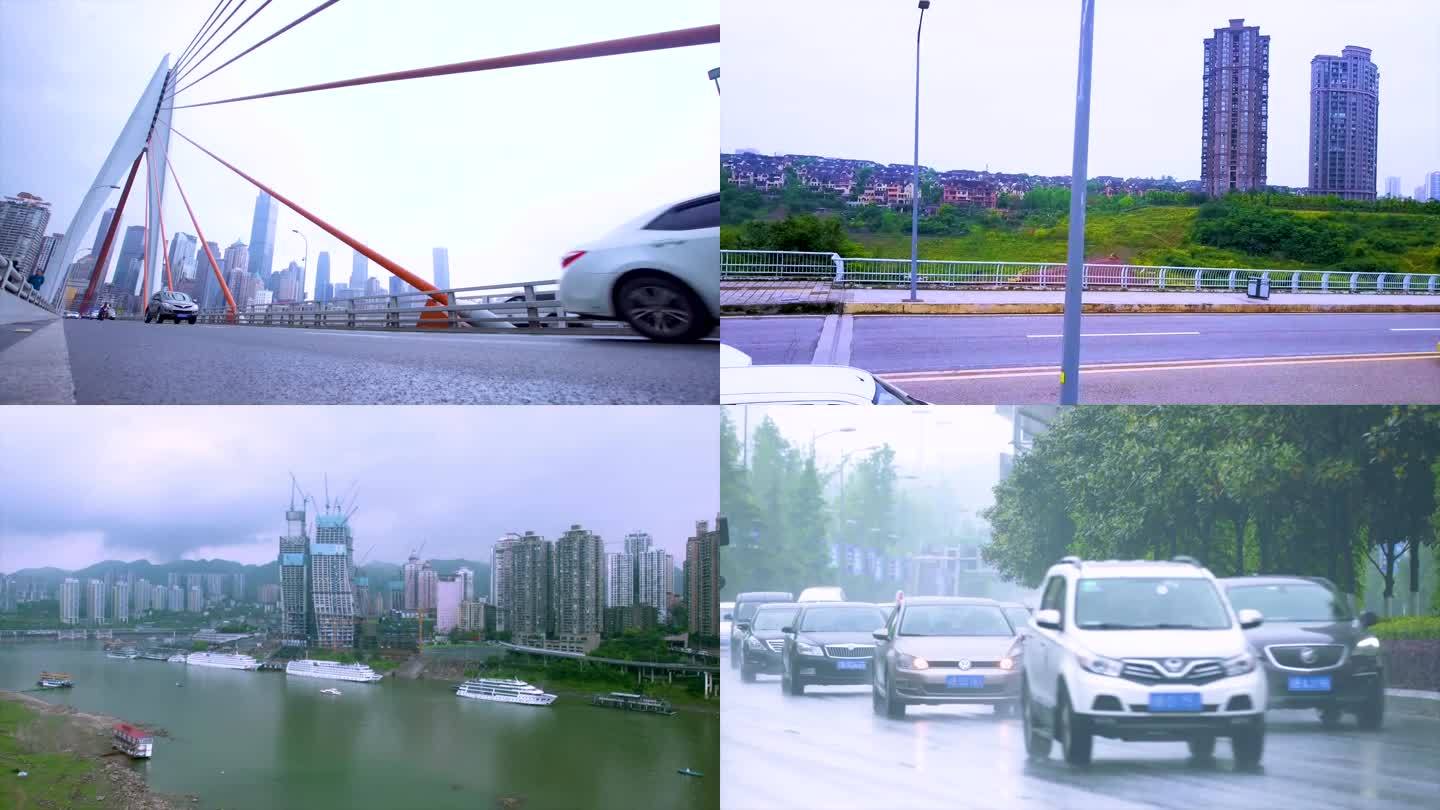 轿车在公路上行驶 车行驶在高速桥上 城市建筑