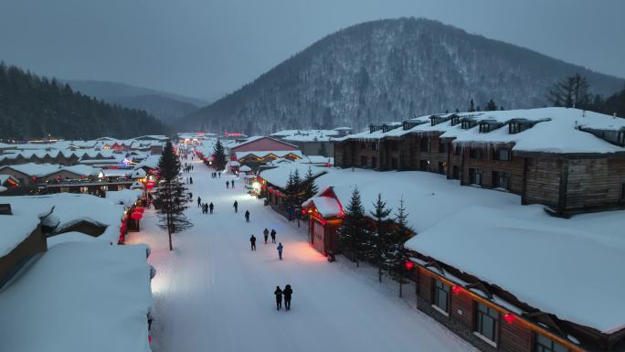 黑龙江雪乡冬季夜景风光航拍