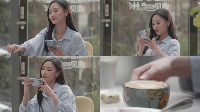 4K 女生在咖啡店喝咖啡 吃甜点 玩手机