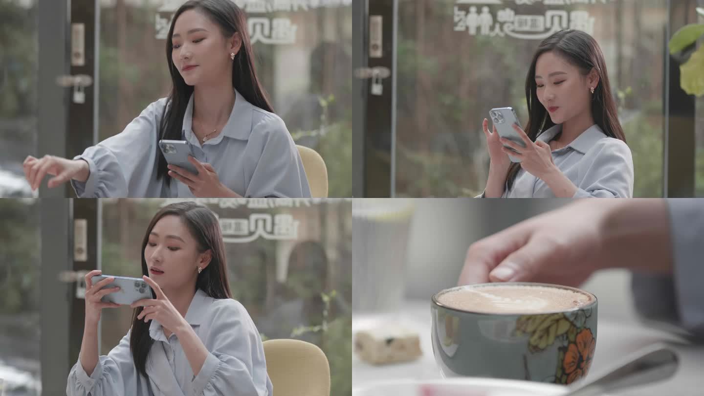 4K 女生在咖啡店喝咖啡 吃甜点 玩手机