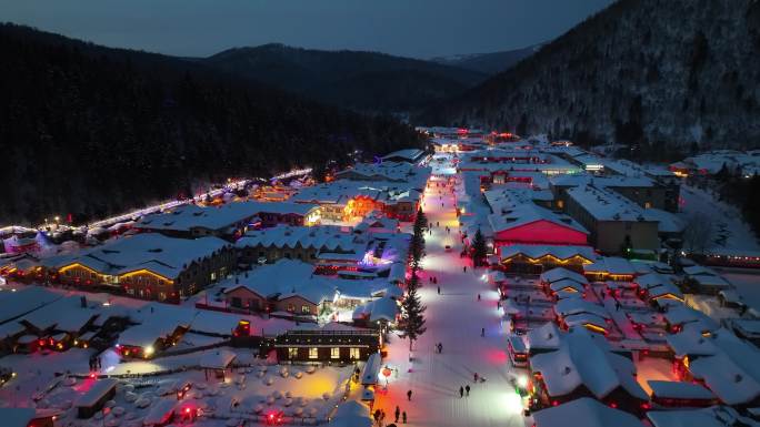 黑龙江雪乡冬季夜景风光航拍