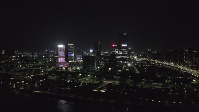 广州南沙灵山岛横沥岛国际金融岛夜景航拍