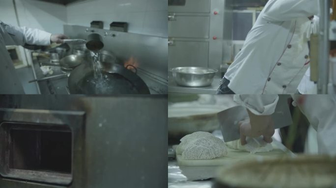 一个厨师在切菜 一个厨师在摆盘 一个厨师在准备做菜前的工作