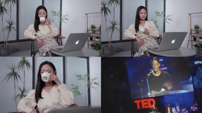 女生看电脑 TED演讲 上网课