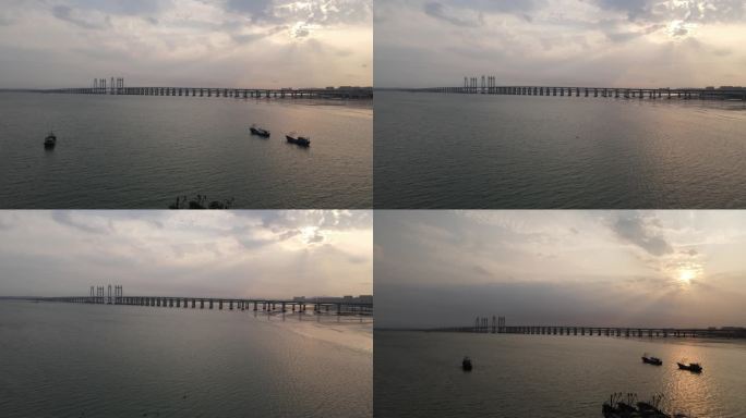泉州湾大桥夕阳航拍画面