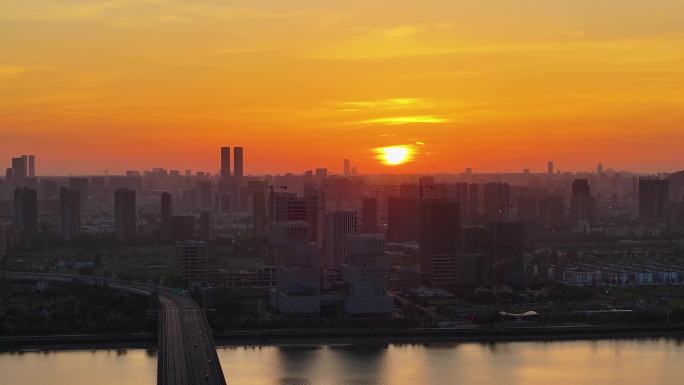 杭州钱塘江日出之江大桥转塘之江板块航拍