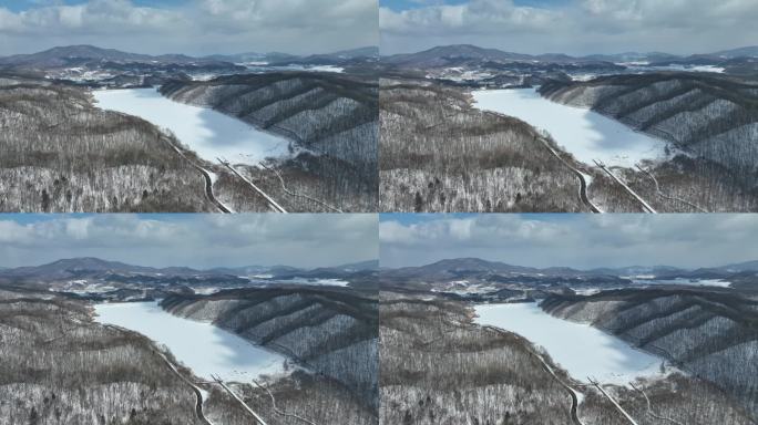 哈尔滨亚布力冬季森林湖泊自然风光航拍