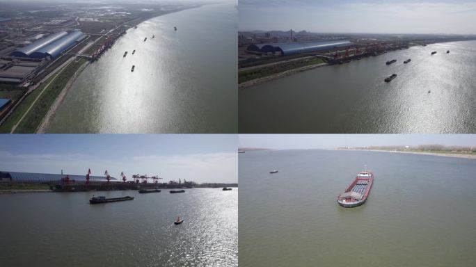 嘉鱼县长江江面的码头和货船4K航拍