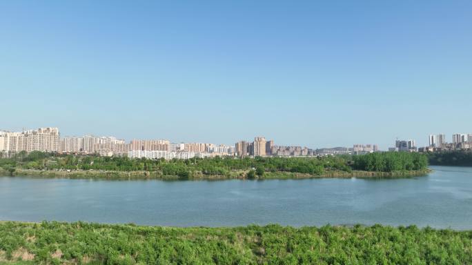 城市江滨河流风景自然景观城市风光航拍