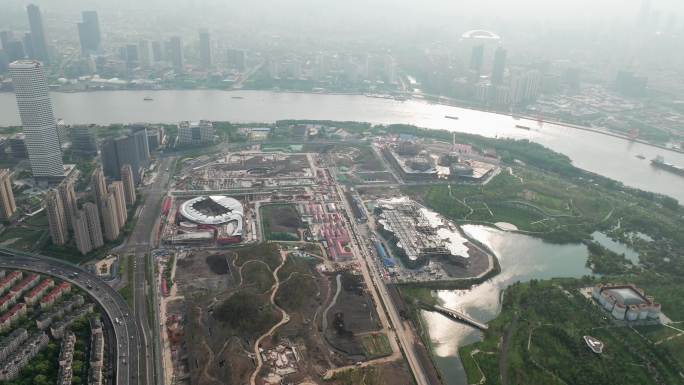 4K原素材-航拍开发建设中的上海世博后滩