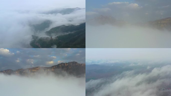 航拍太行山脉秋景云雾缭绕恢弘大气云海素材