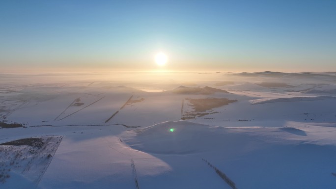 航拍4K东北垦区田野雪景暮色