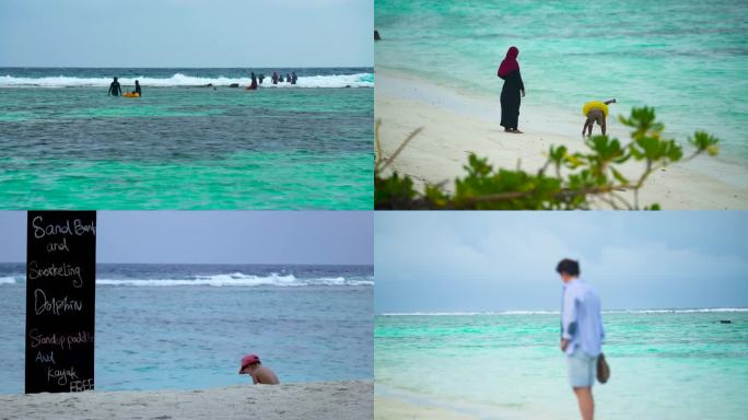 海边景色 沙滩游玩的人群 海鸥海浪海滩