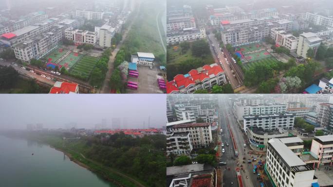 4K早晨有雾气的隆安县县城街道航拍