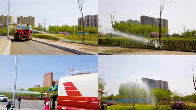 环卫工人洒水养护种树城市绿化