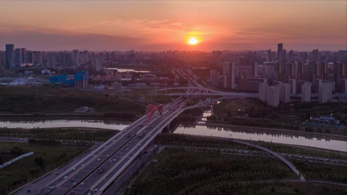 长春南四环路飞虹桥南溪湿地日落延时