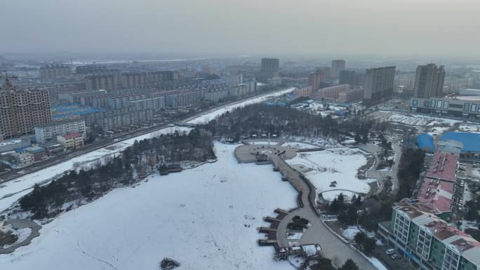 吉林珲春市冬季珲春龙源公园航拍风光