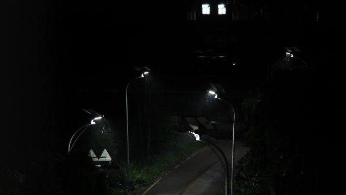 实拍雨夜打雷路灯道路