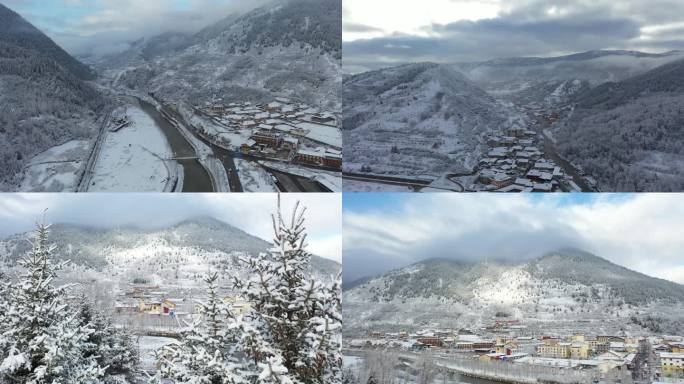 松潘阿坝羌族雪景航拍