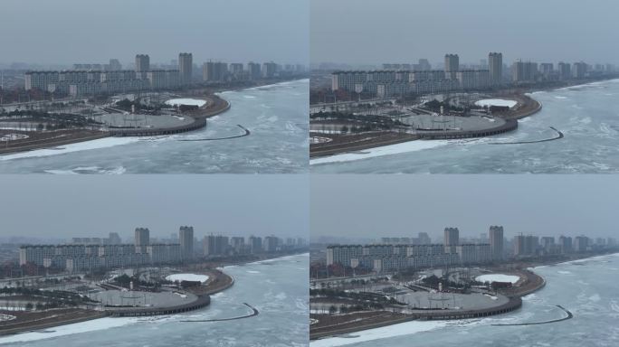 吉林珲春市冬季珲春河城市风光航拍