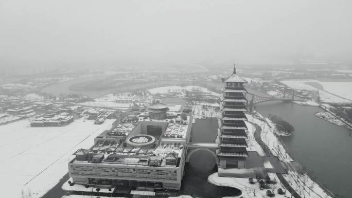 中国大运河博物馆雪景航拍4k