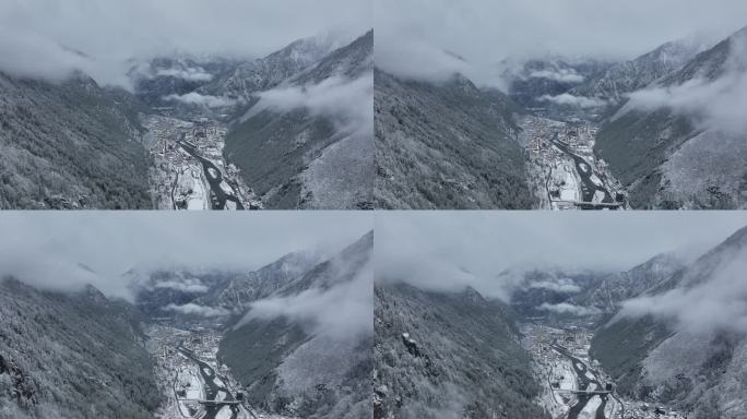 察隅县县城航拍雪景冰天雪地雪山县城