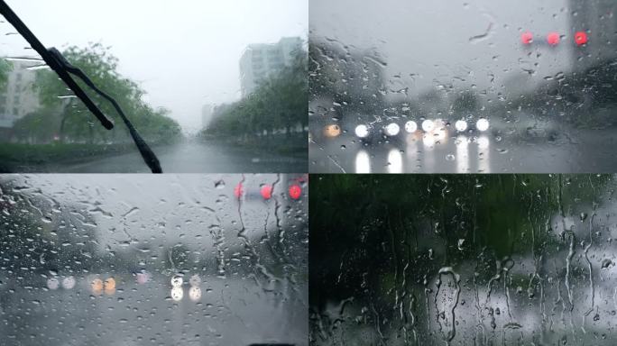 雨天车窗外雨水流下玻璃上的雨水
