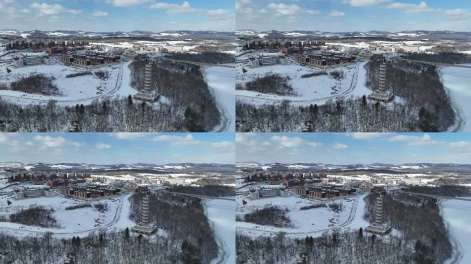 白山市抚松县城市建筑航拍冬季雪原风光