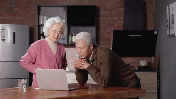 老年夫妇在家使用笔记本电脑
