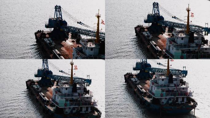 宁波港口城市货运轮船行驶空镜头