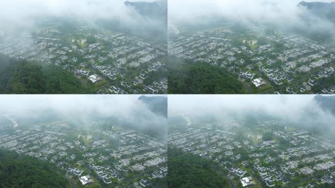 小镇山林云雾缭绕大气航拍素材