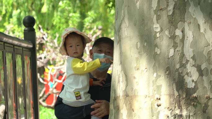 老人抱着小孩子摸一摸百年老树薪火传承