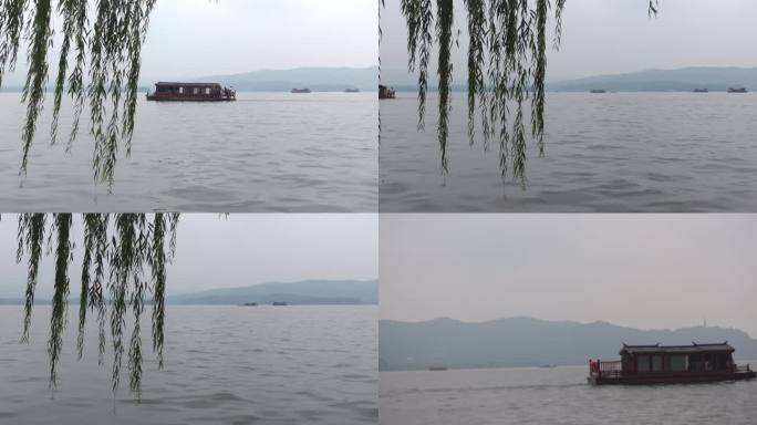 杭州西湖游船、远山与垂柳