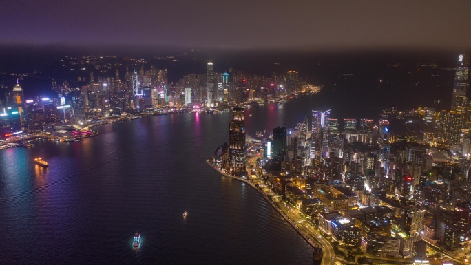 大气维多利亚港夜景延时航拍