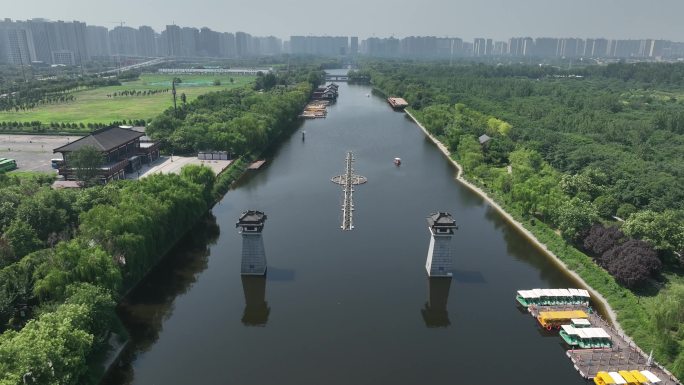 航拍西安汉城湖景区汉武大帝