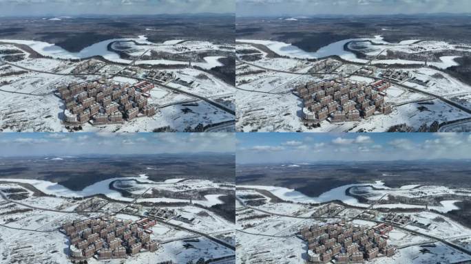 白山市抚松县城市建筑航拍冬季雪原风光