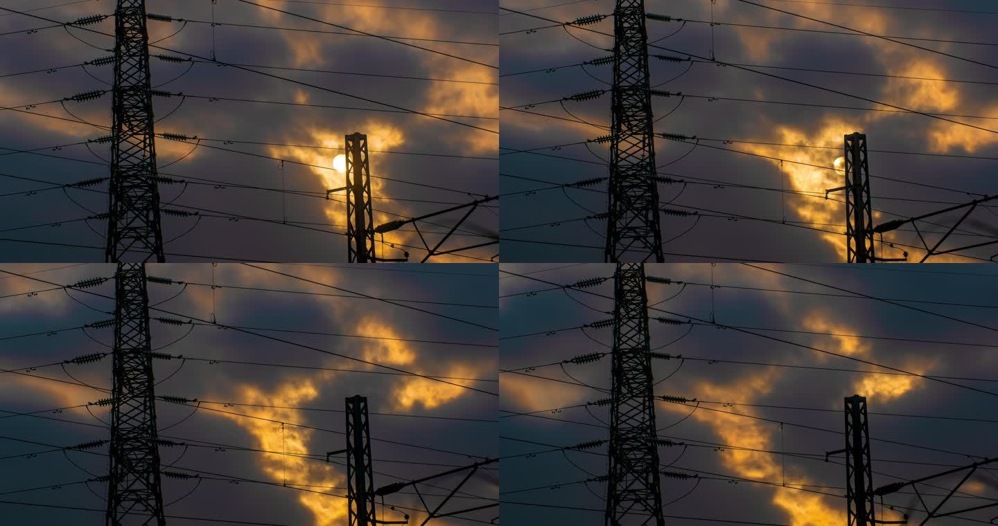 夕阳铁塔电线塔黄昏