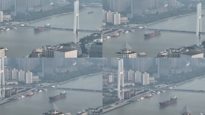 4K-Log-航拍轮船驶过上海南浦大桥