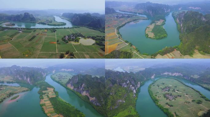 广西崇左龙州县右江航拍河流喀斯特地貌水域