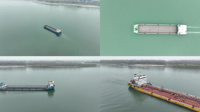 湖北江陵县长江段货船4K航拍