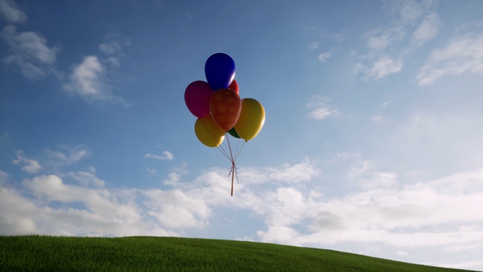 绿色草地彩色气球飞向天空