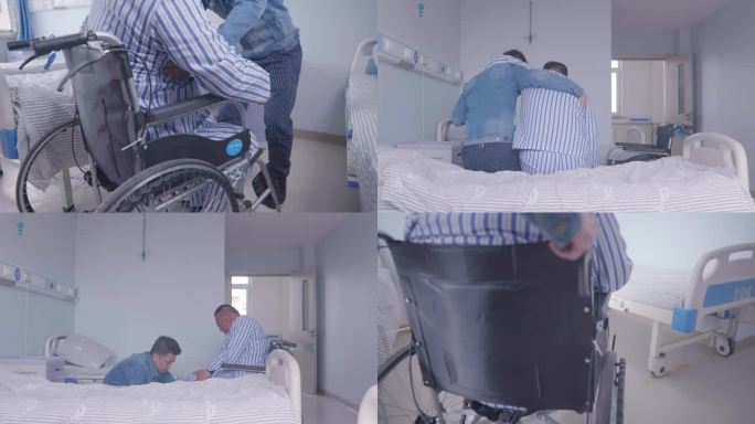 医院家属把病人扶上轮椅出门